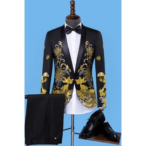 Singer stage chinese style clothing for men embroidery suit set with pants 2020 mens wedding suits men formal dress tie black