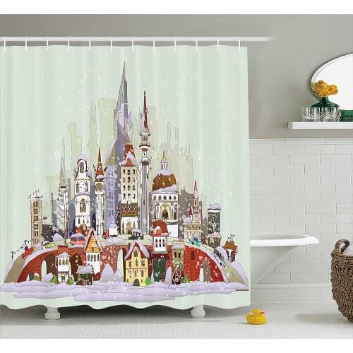 Christmas Shower Curtain Noel in The City Xmas Background Yule Holiday Traditional Winter Scenery Bathroom Waterproof Curtains