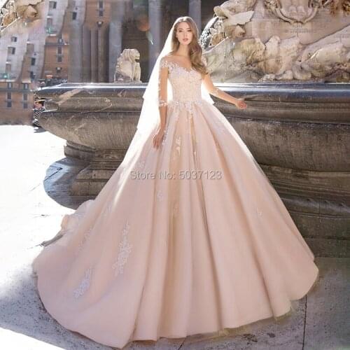 Pink Ball Gown Wedding Dresses V Neck Three Quarter Lace Appliques Lace Up Bridal Gown Court Train Vestidos De Noiva Plus Size