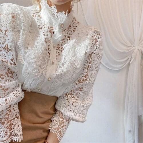 Petal Sleeve High Collar Hollow Out Flower Lace Patchwork Shirt Female All-Match Women Blouse Chic Button White Top