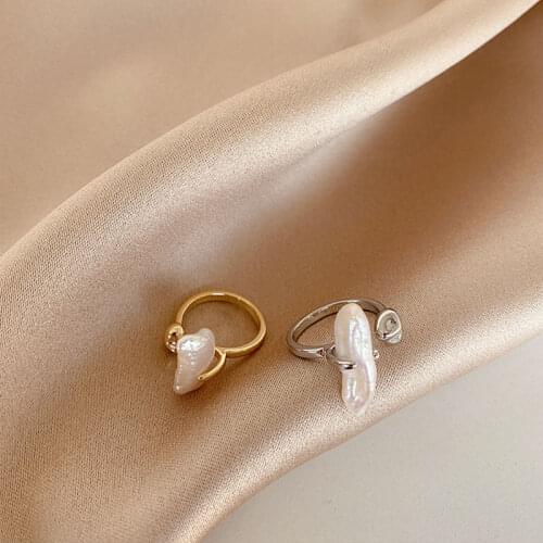 SRCOI Trendy Geometric Shaped Freshwater Pearl Open Ring Simple Metal Texture Ring Women Party Temperament Jewelry Gifts