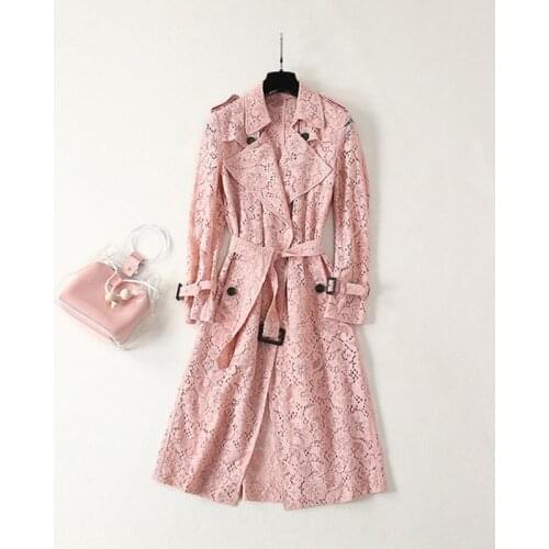 2021 New Fashion Womens Casual Trench Coat High Quality Lace Hollow Out Long Trench Spring Autumn Ladies Outerwear Female