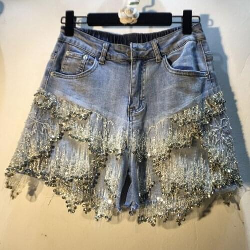 2021 Summer New Blue Tassel Beaded Rhinestones Wide-Leg Denim Shorts Female Vintage Woman High Waisted Cargo Jeans Shorts Female