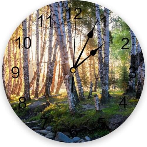 Birch Forest Woods Early Morning Round Wall Clock Creative Home Decor Living Room Quartz Needle Wall Clocks Hanging Watch