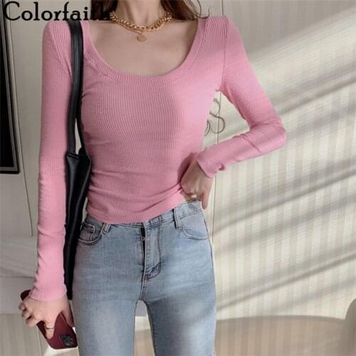 Colorfaith New 2021 Women Spring Summer T-shirt Bottoming Basic Fashionable Korean Wild Slim Lady Sexy Short Pink Tops T7330
