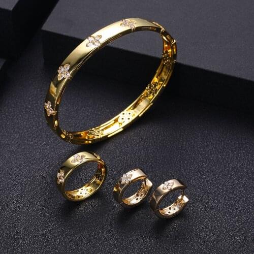 Janekelly luxury Unique African Bangle Ring Set Jewelry Sets For Women Wedding Cubic Zircon Crystal CZ Dubai Bridal Jewelry Set