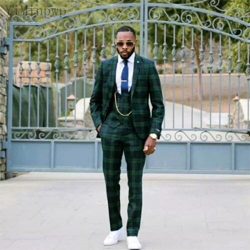 YiMinpwp Plaid Men Suits 3 Piece Notched Lapel One Button Formal Business Suits Blazer Jacket Men Tuxedos Groom Wedding Suits
