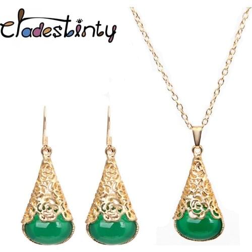 Chadestinty Green Water Drop Jewelry Sets Gold Color Hollow Flower Earring Necklace Set For Women Banquet Jewellery conjunto