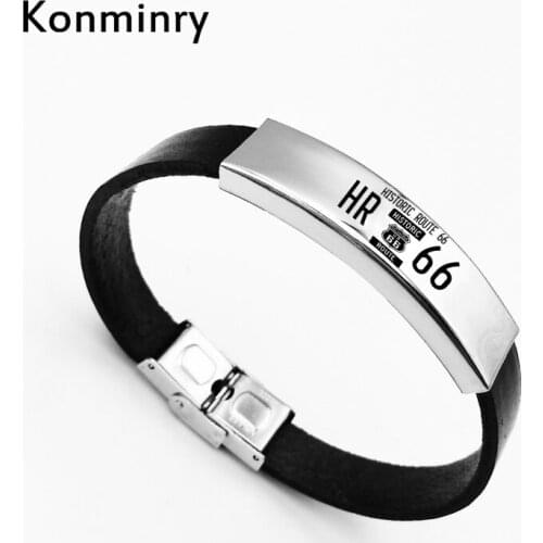 Konminry USA Historic Route 66 Bracelet Stainless Steel Black PU Chains For Women Men Punk Bangle Gift 2018 New Arrival Jewelry