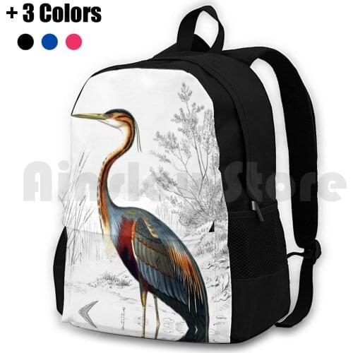 Colorful Heron Antique Artprint Outdoor Hiking Backpack Waterproof Camping Travel Nature Jungle Spring Floral Petal Beautiful