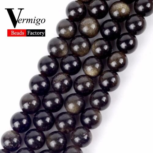 Natural Round Beads Gold Obsidian Stone Beads For Beadwork Jewelry Making Diy Bracelet Necklace 4 6 8 10 12mm 15"Strand Perles