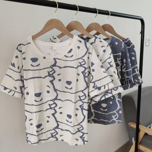 Summer Knitted Cotton Pajamas Women Thin Short Sleeve Sleepwear Leisure Pullover Shorts Two Piece Set Cartoon Bear Lounge Wear