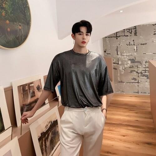 Men Summer Bright Gold Silver Short Sleeve Casual T Shirt Male Streetwear Hip Hop Punk Loose Tshirt Fashion Tee Shirts