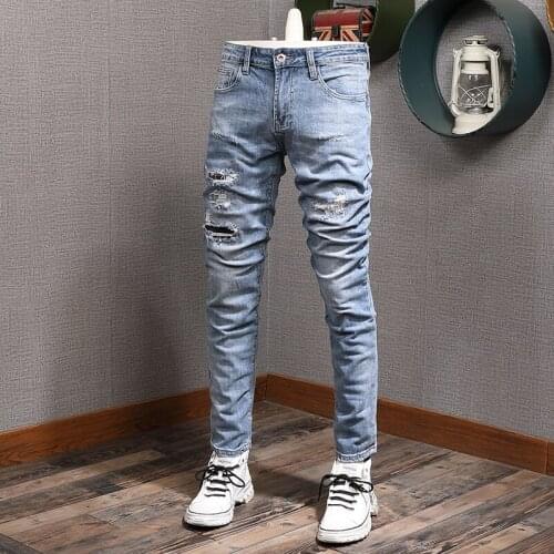 Mens Blue Ripped Patches Jeans Men Streetwear Casual Straight Regular Fit Pants Cotton Denim Trousers