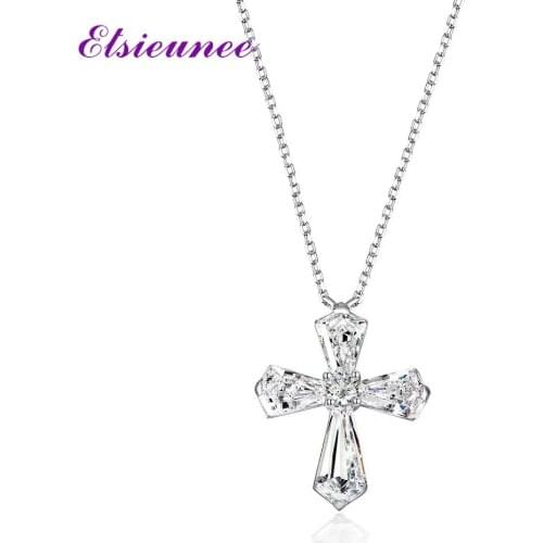 ELSIEUNEE Classic Cross Design Solid Silver 925 Jewelry Simulated Moissanite Diamonds Pendant Necklaces Engagement Fine Jewelry