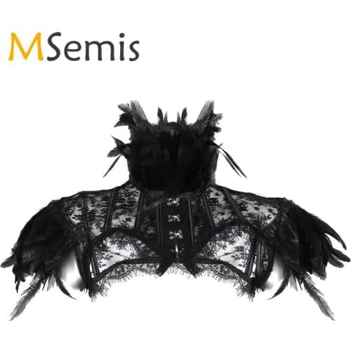 MSemis Women Retro Vintage Punk Gothic Feather Collar Shoulder Lace Cape Bolero Jacket Shrug Tops Halloween Party Rave Costumes