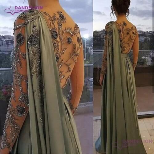 Luxury Dubai O-Neck Sexy Evening Dresses For Women 2021 A-Line Beadings Satin Long Sleeves Formal Party Gowns