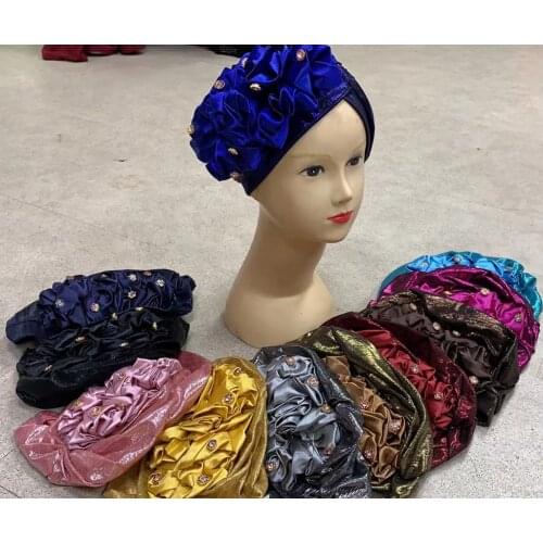 2021 African Handmade Auto Gele Ics Silk Elegant Big Flowers Scarfs Hijab Cap Islamic Turban Hats Headwrap For Lady Head Wear