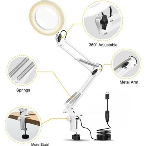 LED Magnifier Lamp Folding Long Arm Clip Eye Protection Lamp Usb Reading Book Lamp With 5X Magnifier For Reading Making Beauty