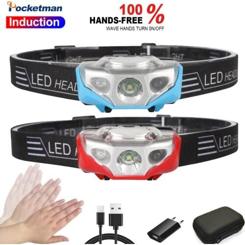 LED mini headlights portable sensor headlamp light USB charging head lamp lantern for fishing night running with battery,cable