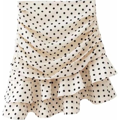 Klacwaya women 2020 dot asymmetry cascading ruffles mini skirt ladies empire above knee skirts chic female high street style