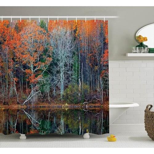 Leaves Shower Curtain Magical Forest with Tree Reflections Over The Lake Rural Forest Charm Scenic World Concept Bath Curtains