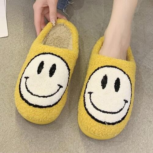 Woman Slippers 2021 Smiley Face Slippers Fluffy Faux Fur Smile Floor Slippers Couple Shoes Short Plush Fleece Indoor Flat Shoes