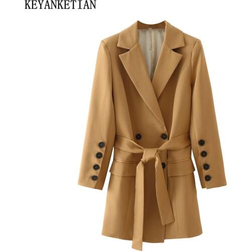 KEYANKETIAN ZA Ladies new camel long office blazer, buttoned belt blazer, womens high street chic fashion windbreaker suit