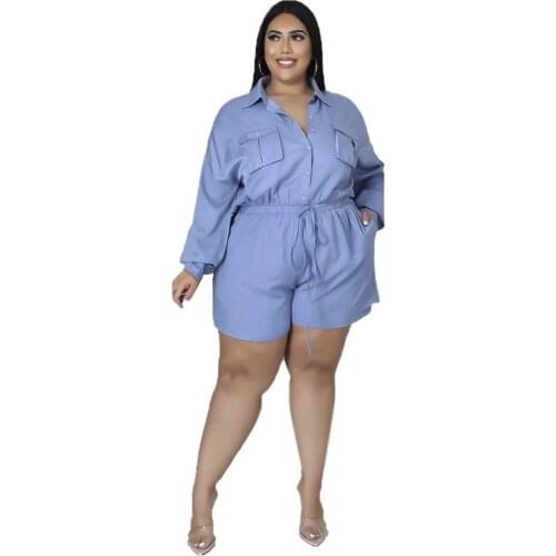 Casual Cargo Jumpsuits Rompers Women Plus Size Turn Down Neck Long Sleeves Pockets Loose Lady Short One Piece Playsuits XL~5XL