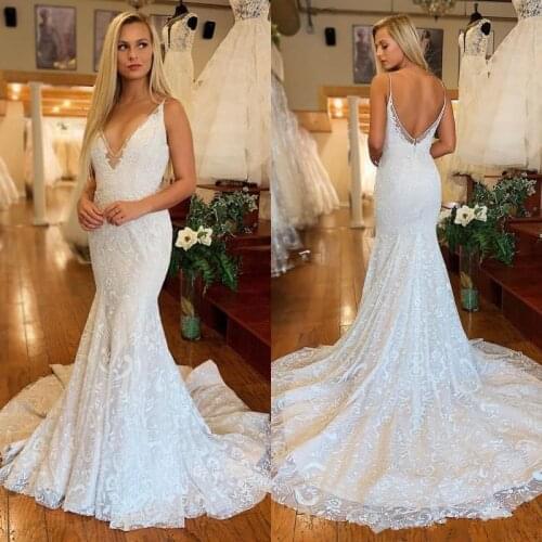 Elegant Backless Mermaid Wedding Dresses Spaghetti Straps Lace Applique 2021 Sweep Train Wedding Bridal Gown Vestido de novia