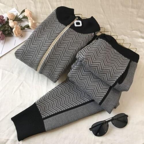 Korean Winter Ribbed Printed Tracksuit Pant Sets for Women Knitted Long Sleeve Zipper Top and Pants 2 Piece Suit Outwear Q299