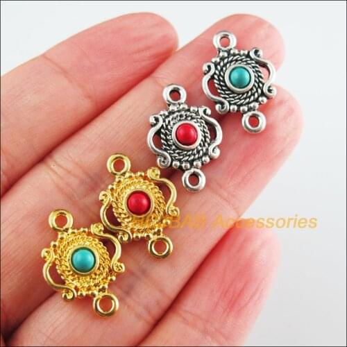 15 New Flower Charms Tibetan Silver Tone Gold Color Red & Blue Stone Crown Connectors 13x19mm