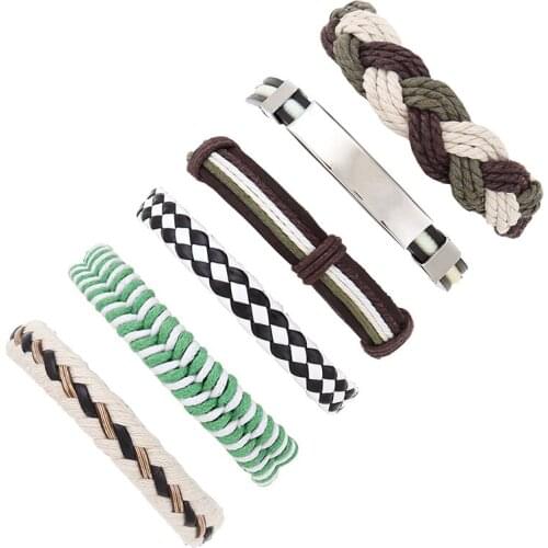 6pcs/set Boho punk hippie black brown Leather mint green beige cord knots tag charm Layers wrap Bracelet Bangles Unisex Jewelry