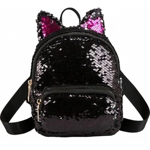 8PCS / LOT Women Mini Backpack PU Leather Sequin Girls Preppy Style Shoulder Bag Cat Ear Backpacks