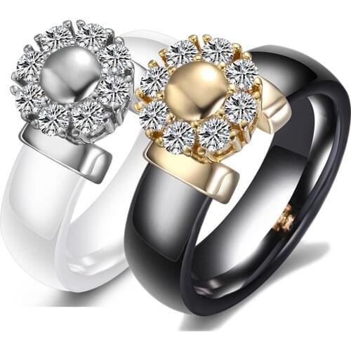 Black White Ceramic Rings For Women Cubic Zircon Stainless Steel Engagement Wedding Rings Elegant Love Rings Ceramic Jewelry