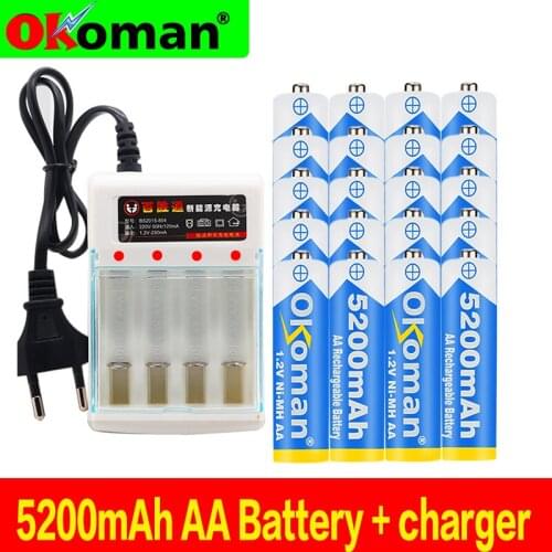 Quality Figh 1.2V 5200mAh NI MH AA Pre-Charged Ni-MH AA Rechargeable Battery for Toys Camera Microphone Batteries + Charger