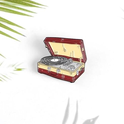 Red music box Vinyl Records Enamel brooch Retro music player Creative badge Denim backpack leather pin Gift for a friend