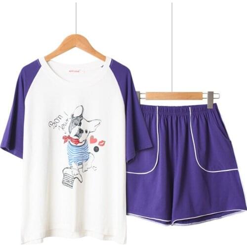 Summer Short Sleeve Pyjamas Cotton Shorts Sleepwear Korean Loose Plus Size Pijama Mujer Cartoon Cute Dog Printing Pajamas Pj Set