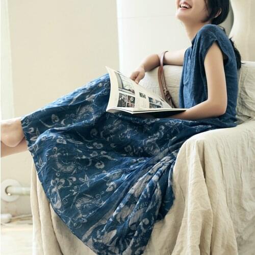 Summer 2020 new literature and art thin Ramie ethnic style batik printing pleated large swing long skirt 0614