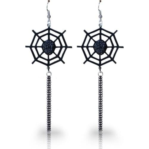 New Women Earrings Black Rhinestone PU Leather Spider Web Chain Tassel Dangle Gothic Halloween Girl Hook Earring Fashion Jewelry