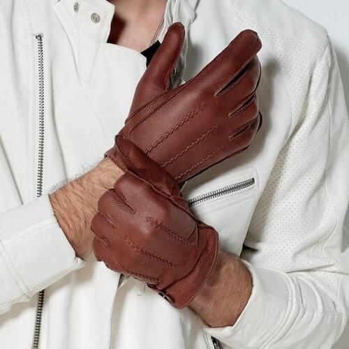 Fashion Men Deerskin Gloves Button Wrist Solid Genuine Leather Buckskin gloves Male Mittens Winter Warm Outdoor Driving Gloves