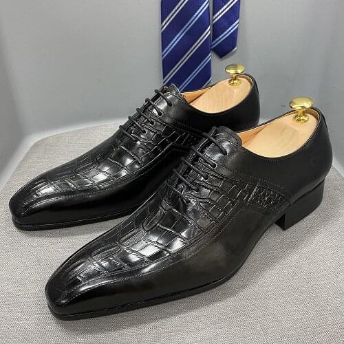 Big Size 6 To 13 Mens Oxford Shoes Genuine Leather Lace-Up Pointed Toe Crocodile Business Shoes for Men Dress Formal Wedding