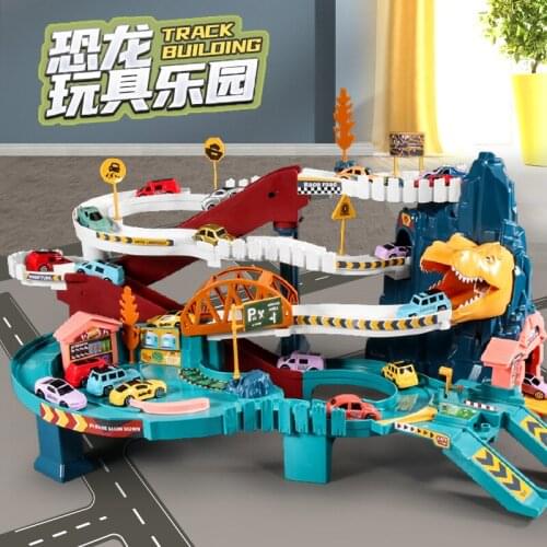 Rail car dinosaur curved road car track parking lot building block set toy car building block parking lot childrens gift