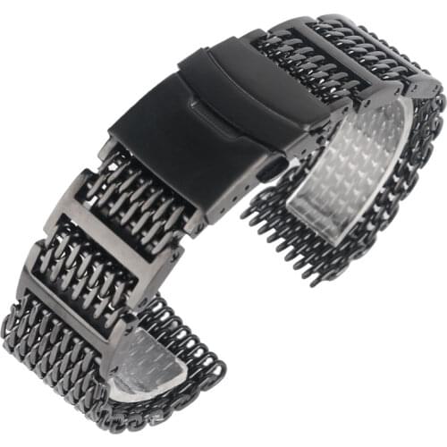 20/22/24mm Stainless Steel Band HQ Solid Link Shark Mesh Men Watch Strap Black Fold Over Clasp with Safety Bracelet