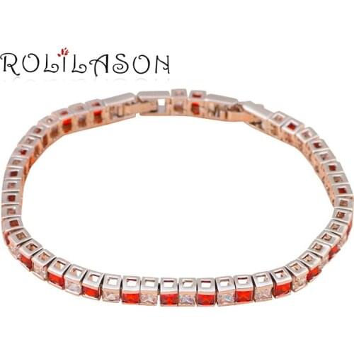 ROLILASON Simple cubic design square cut red crystal Zircon Silver Bracelet women for fashion jewelry vintage style TB711