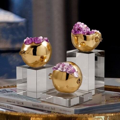 Luxury Modern Furnishing Natural Crystal Brass Pomegranate Ornaments Fruit Gift Decoration Living Room Home Accessories