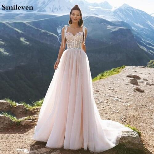 Smileven Pink Spaghetti Straps Lace Wedding Dress Vestido De Noiva Bohemian Bridal Gowns Backless Princess Wedding Gowns