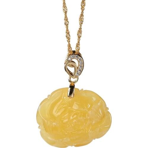 S925 sterling silver gold plated Natural Amber Beeswax Pendant Retro National style Peony Flower Sweater chain Pendant