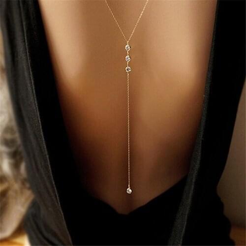 Sexy Summer Women Long Necklace Bare Back Gold Crystal Pendant Necklace Beach Body Jewelry Wedding Dress