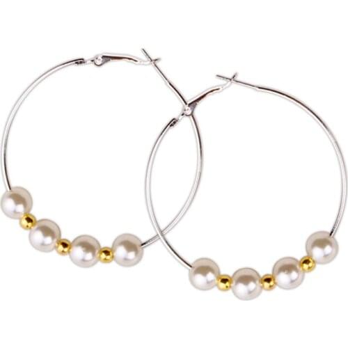 Silver Color Big Round Hoop Earring for Women Imitation Pearls Alloy Trendy Wholesale Party Beads Earings Fashion New Jewelry